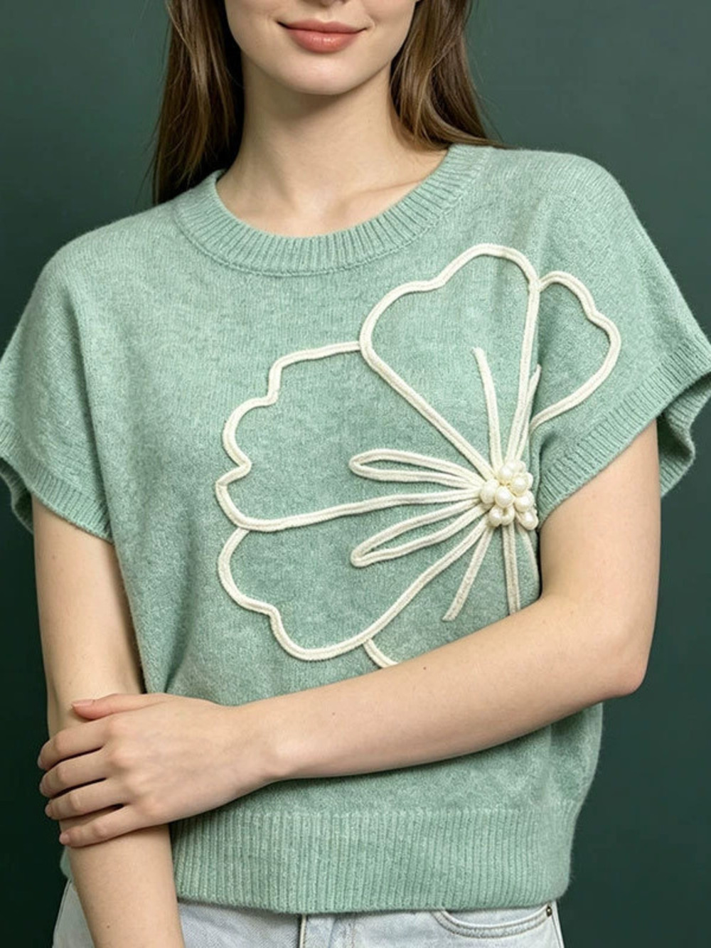 ZARA Women Solid Floral Jacquard Knit Short Sleeve Sweater